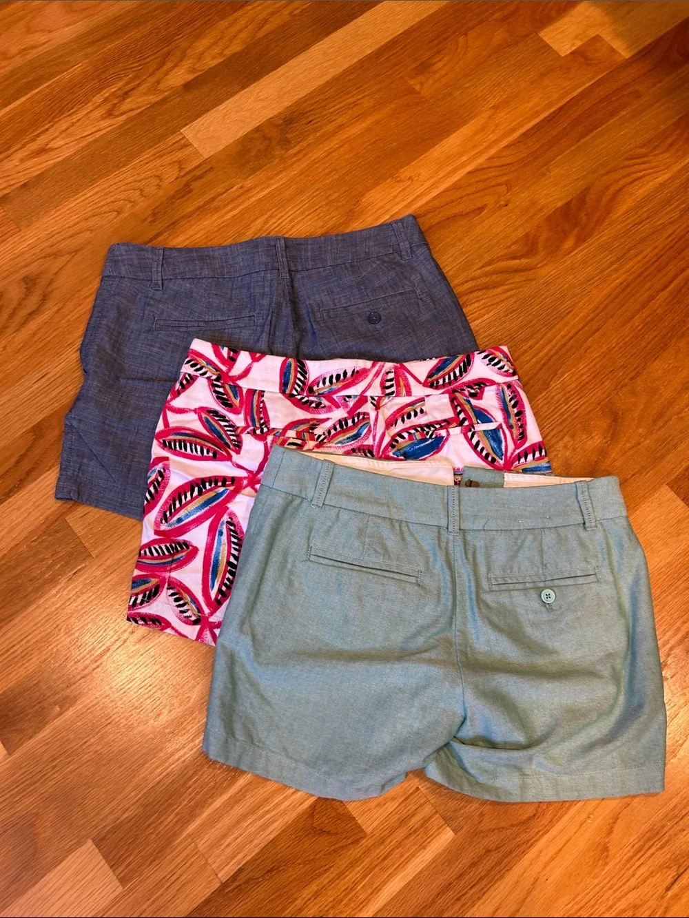 J. Crew Women’s Shorts Trio - Teal, Pink Leaf Print, Chambray Blue
